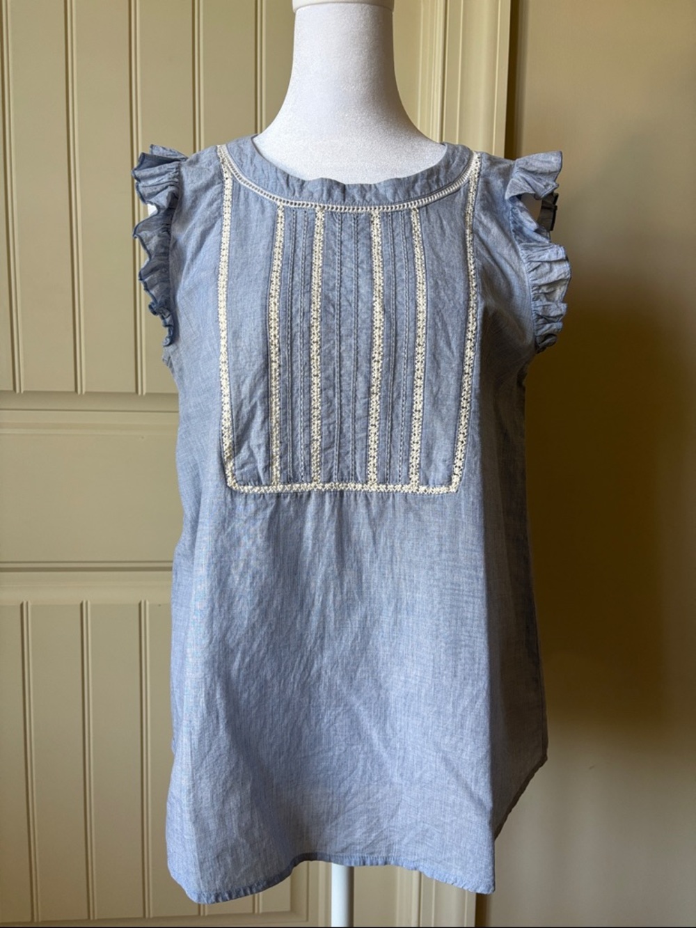 LOFT Light Blue Embroidered Chambray Blouse